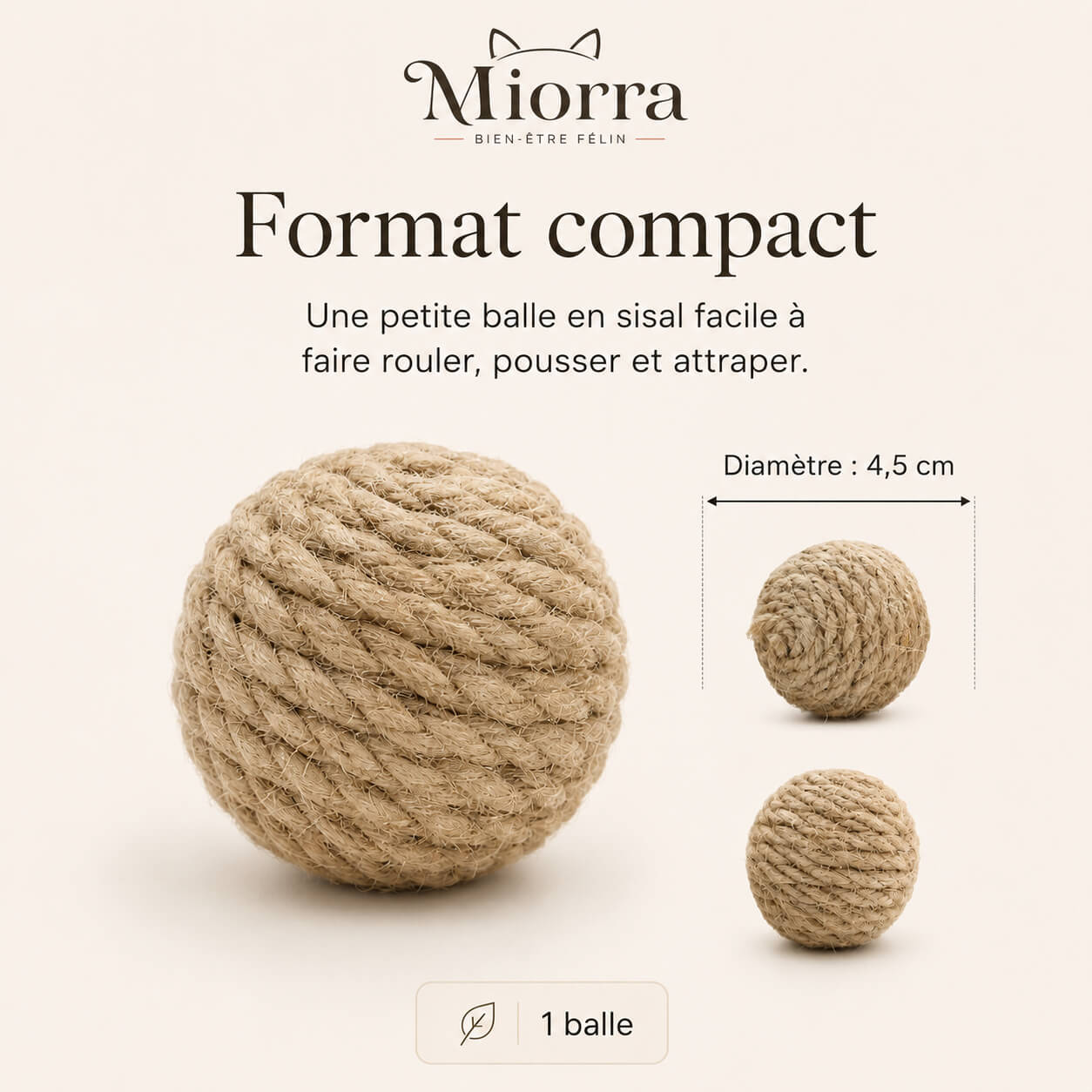 Balle corde à griffer pour chat Miorra en sisal - diamètre 4,5 cm, format compact, 1 balle