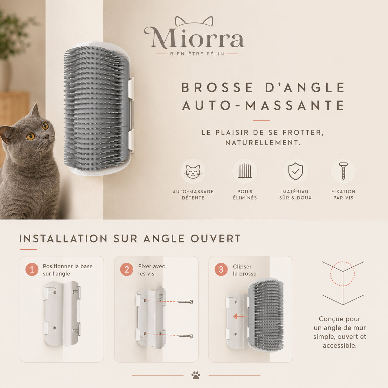 Installation brosse d'angle Miorra en 3 étapes : positionner la base, fixer avec les vis, clipser la brosse