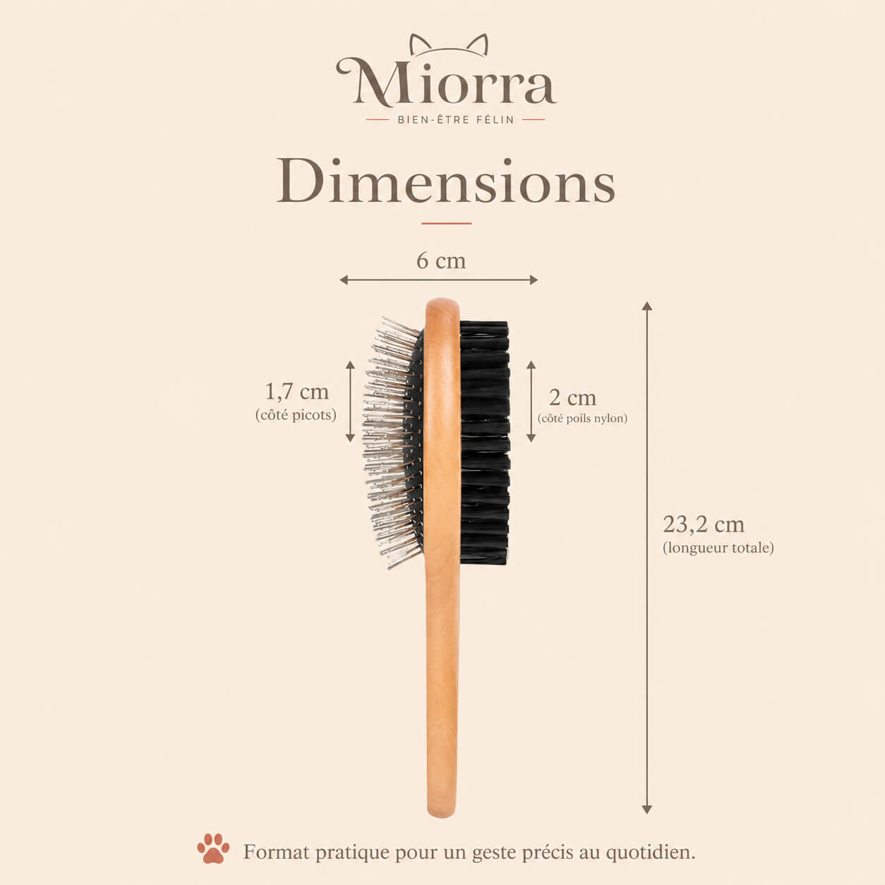 Dimensions brosse toilettage Miorra : 6 × 23,2 cm, picots 1,7 cm, poils nylon 2 cm
