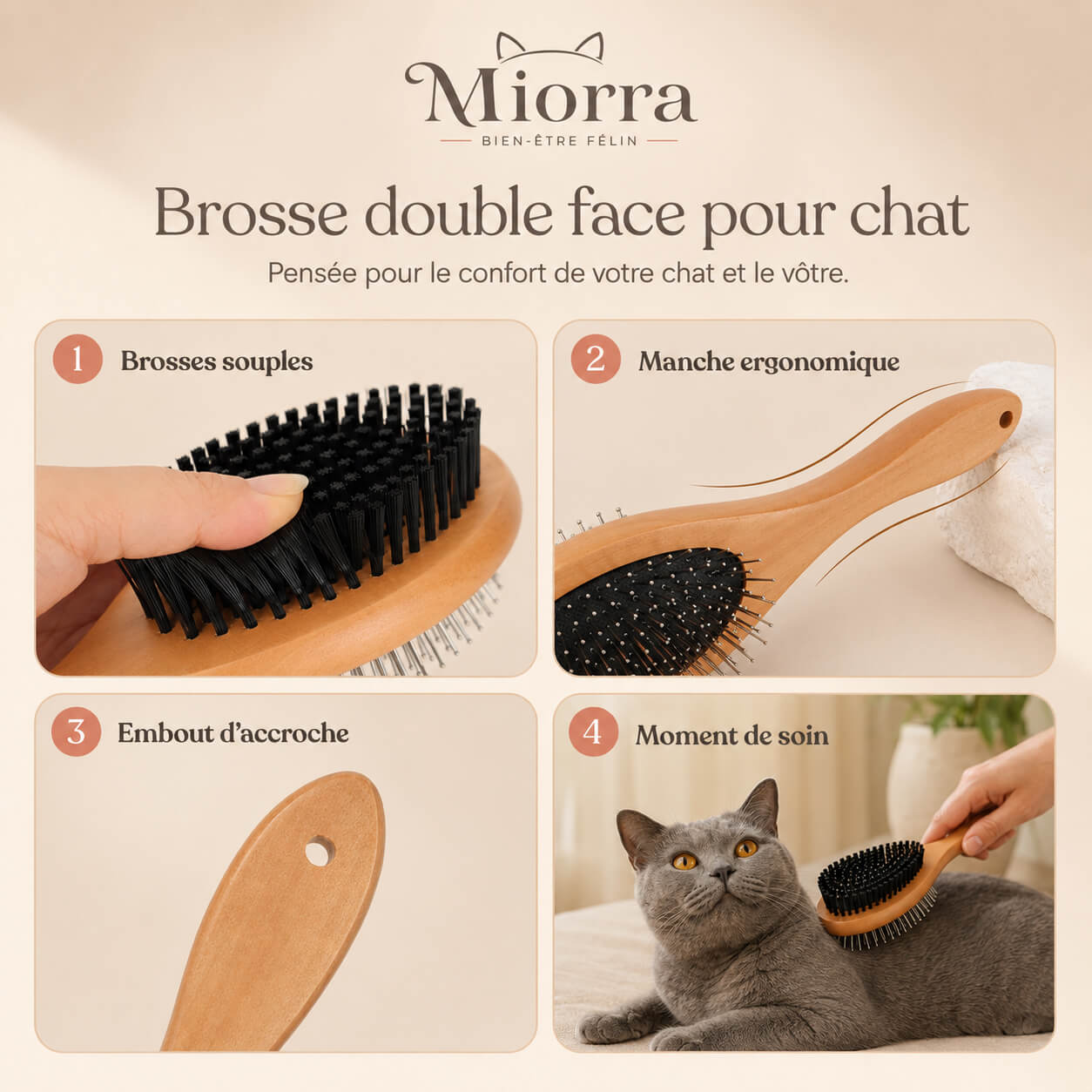 Brosse de toilettage double face pour chat Miorra : brosses souples, manche ergonomique, embout d'accroche