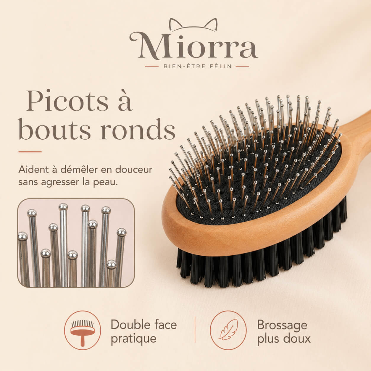 Picots à bouts ronds brosse Miorra - démêlent en douceur sans agresser la peau, brossage plus doux