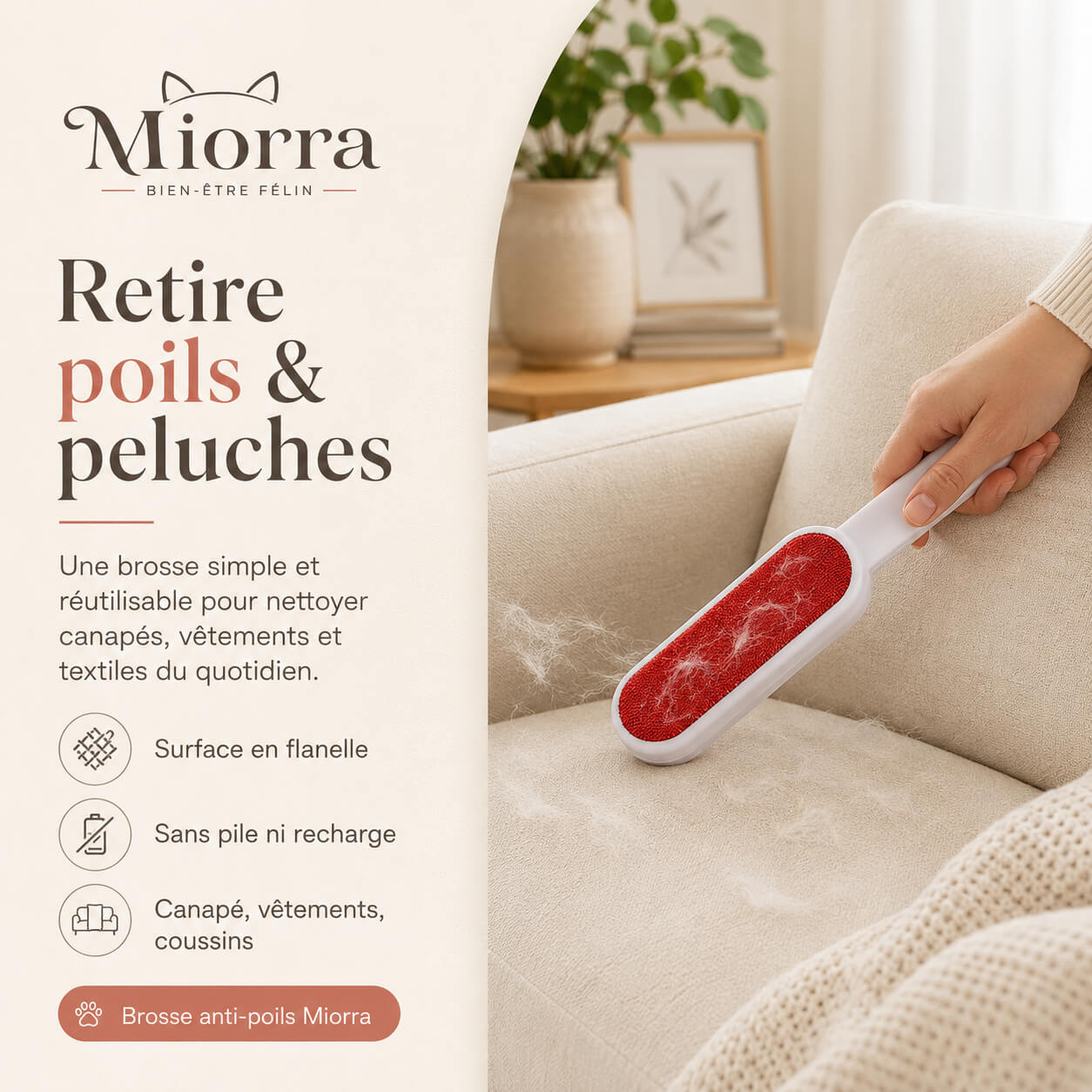 Brosse anti-poils réutilisable Miorra - retire les poils de chat sur canapé, vêtements et textiles