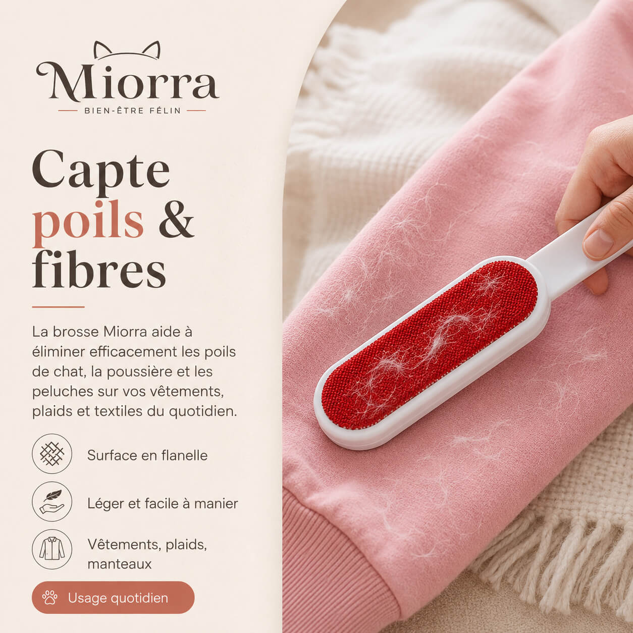 Brosse anti-poils Miorra sur vêtements - capte poils et fibres sur pulls, manteaux et plaids