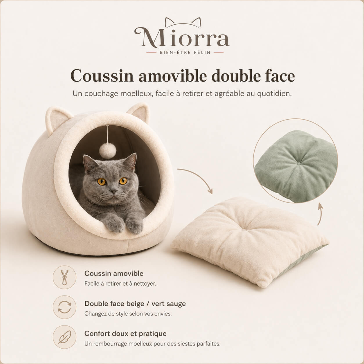 Cachette cocon pour chat Miorra - coussin amovible double face beige et vert sauge, pompon ludique