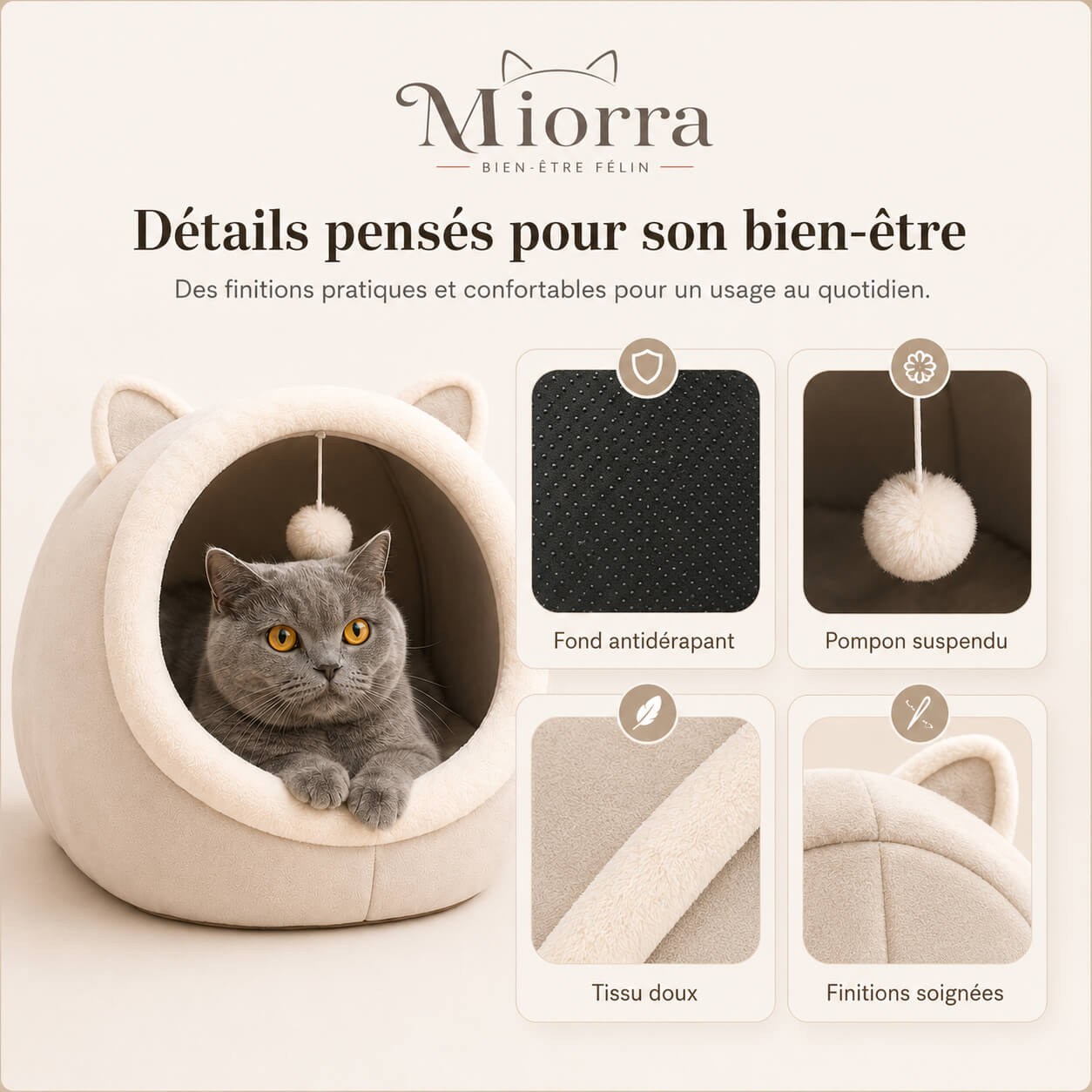 Détails de la cachette Miorra : fond antidérapant, pompon suspendu, tissu doux, finitions soignées