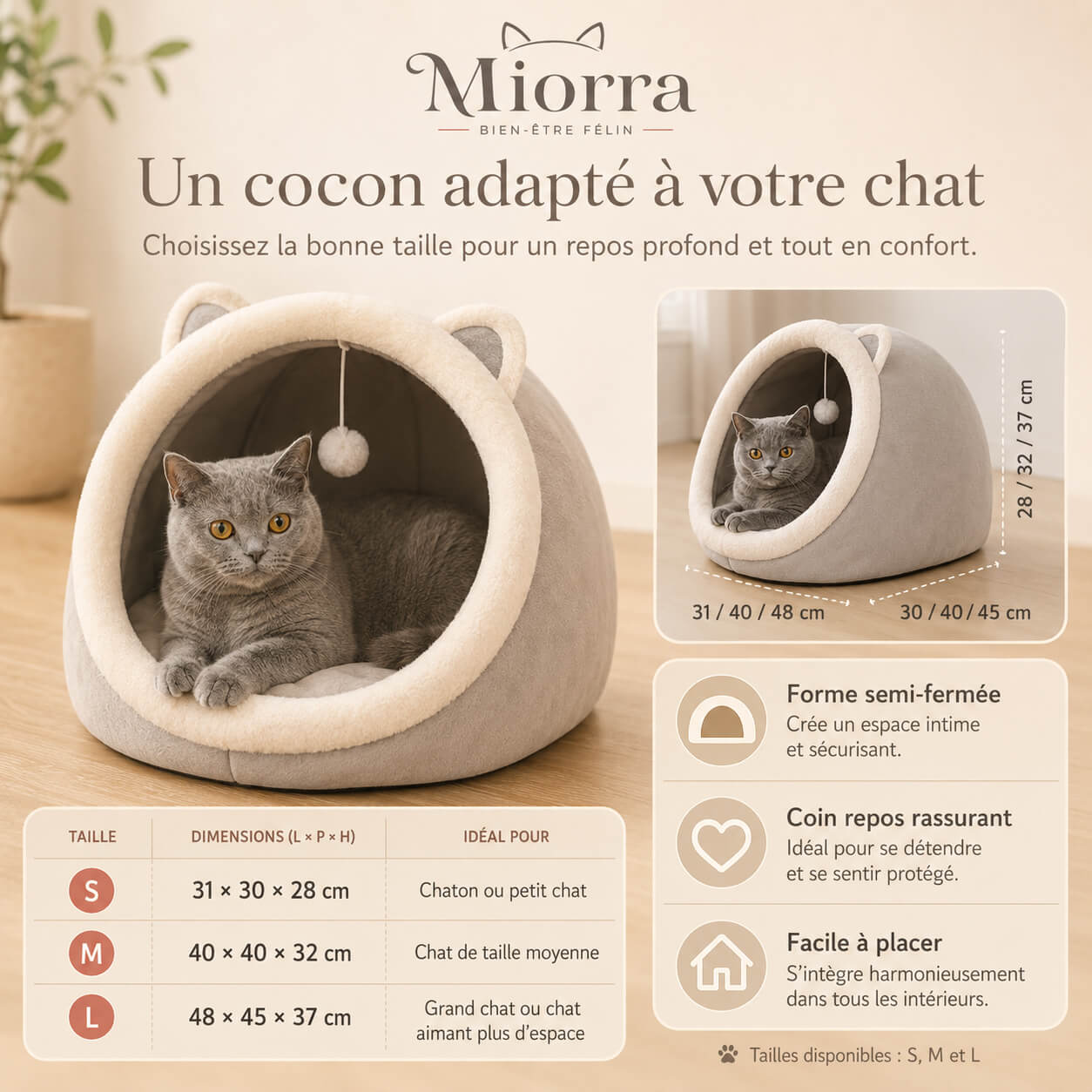 Cachette Miorra 3 tailles : S 31×30×28 cm, M 40×40×32 cm, L 48×45×37 cm