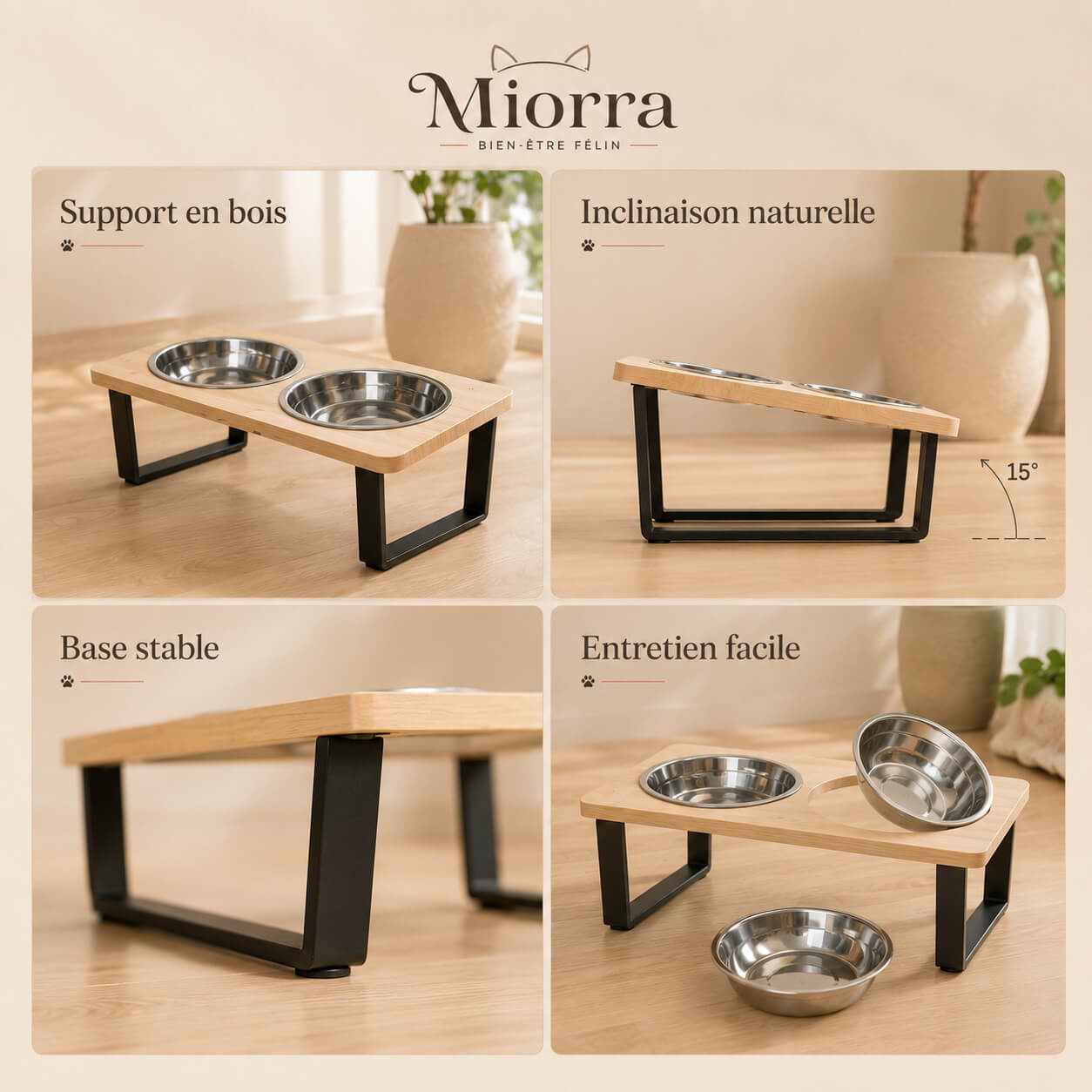 Détails gamelle bois Miorra : support bois, inclinaison 15°, base stable, entretien facile