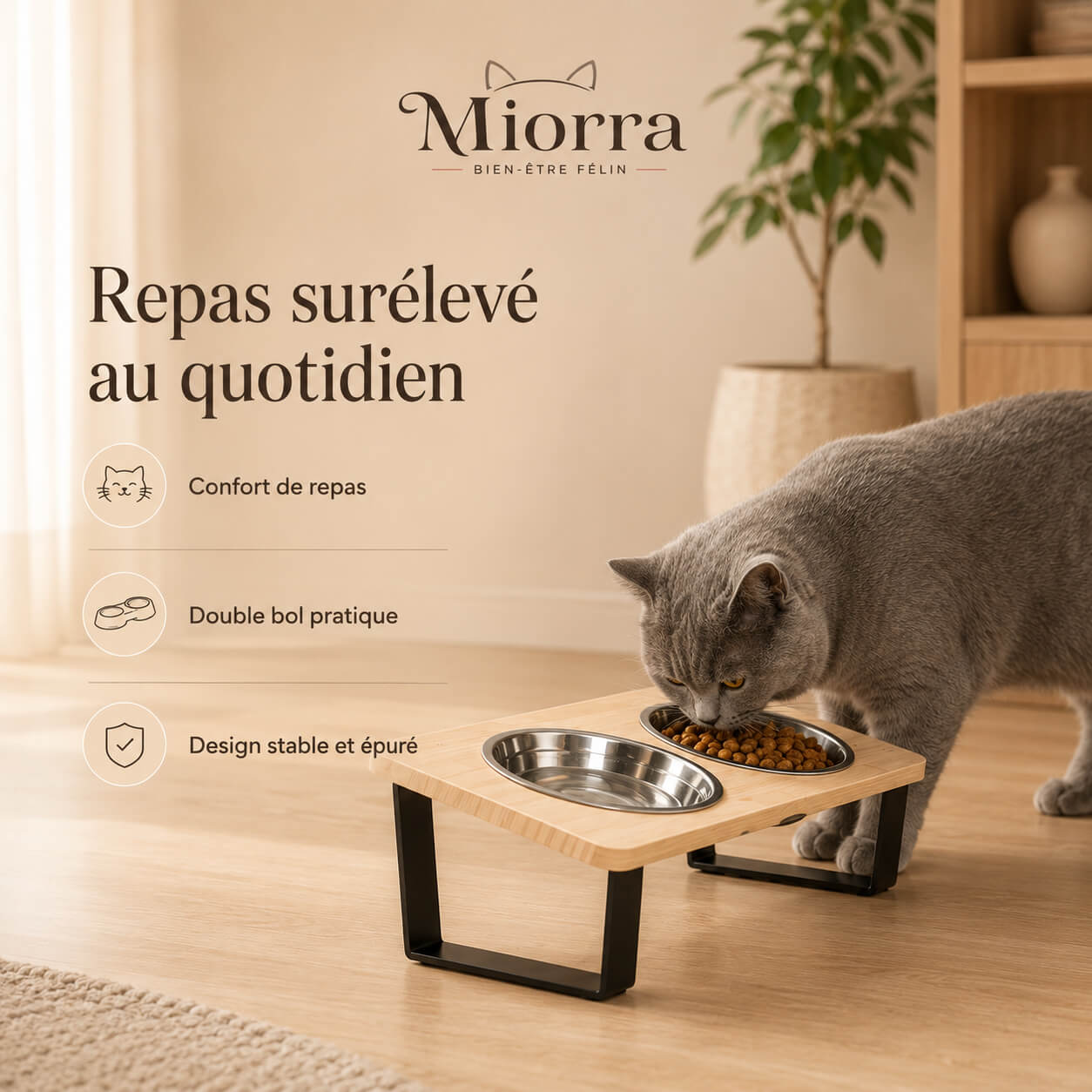 Gamelle surélevée bois pour chat Miorra - double bol pratique, confort de repas, design stable et épuré
