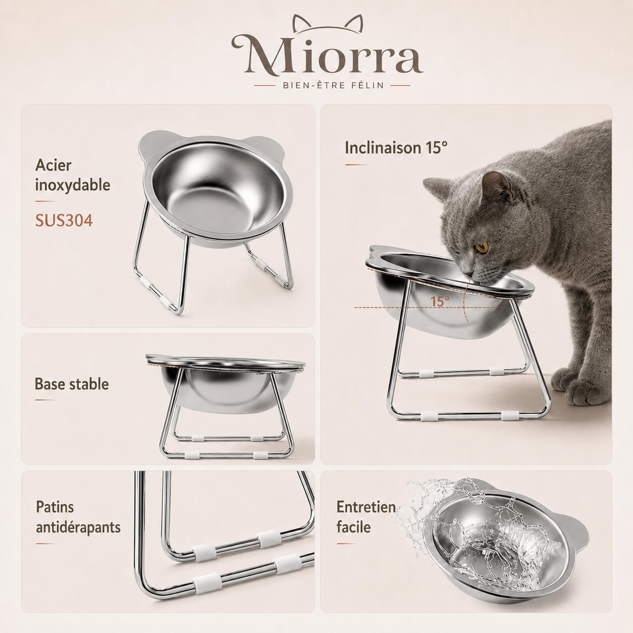 Détails gamelle inclinée Miorra : acier inoxydable SUS304, inclinaison 15°, base stable, patins antidérapants, entretien facile