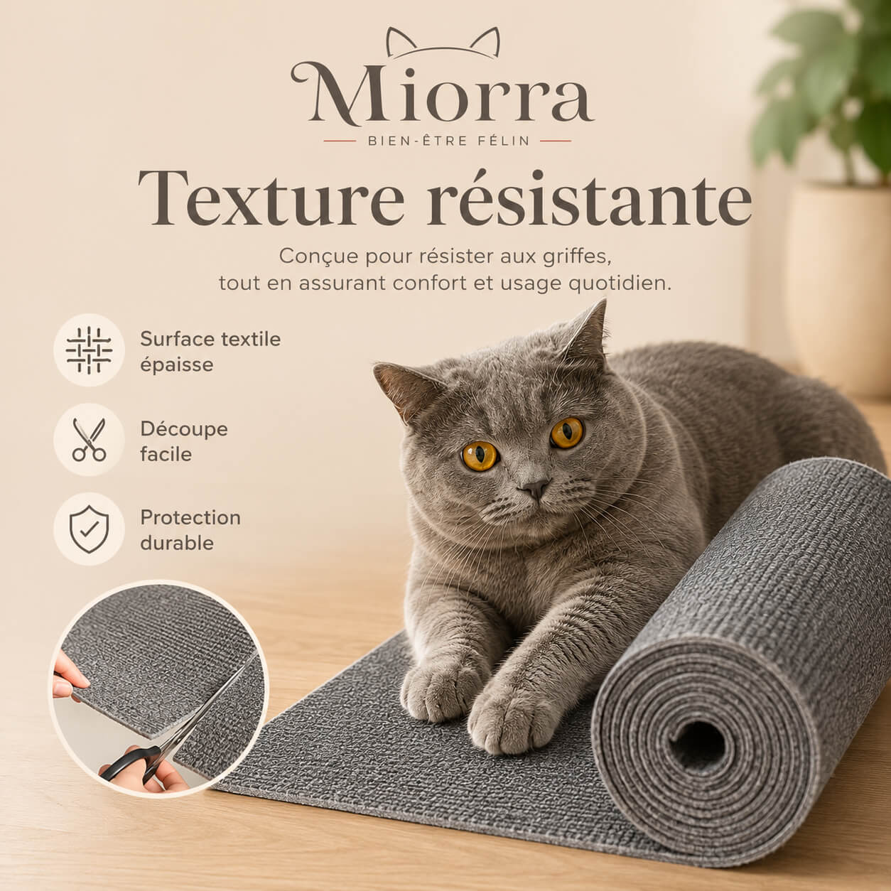 Texture résistante protection griffoir Miorra - surface textile épaisse, découpe facile, protection durable