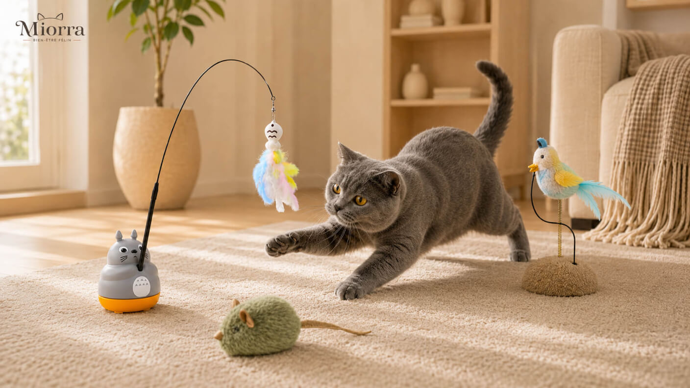 Jouets anti-ennui pour chat Miorra - chat en pleine action avec canne &agrave; plumes, souris et jouets interactifs