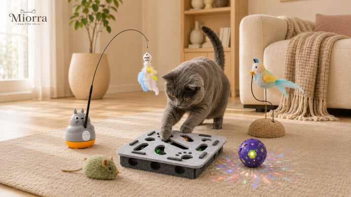 Ensemble jouets anti-ennui Miorra - puzzle interactif, souris, balle lumineuse et canne &agrave; plumes