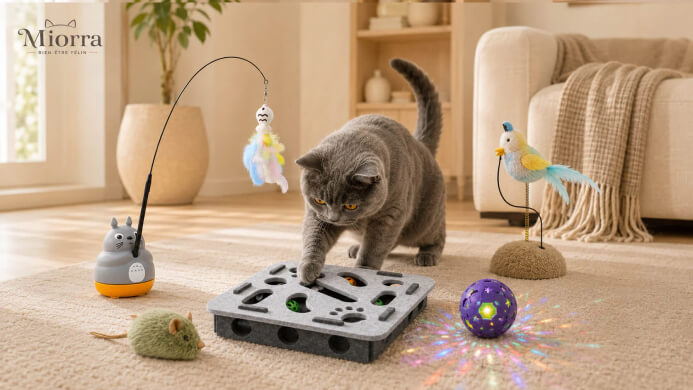 Chat qui observe son puzzle interactif Miorra avec souris en peluche - stimulation quotidienne