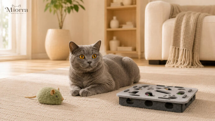 Chat allong&eacute; avec souris en peluche et puzzle interactif Miorra - s&eacute;lection jouets anti-ennui