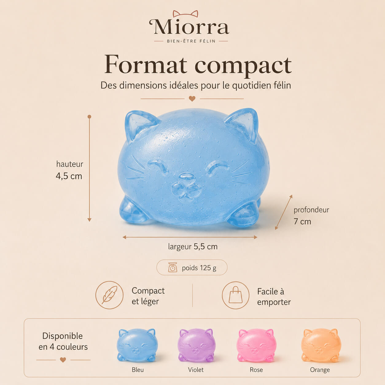 Dimensions Mio Gummy : hauteur 4,5 cm, largeur 5,5 cm, profondeur 7 cm, poids 125 g - disponible en bleu, violet, rose et orange