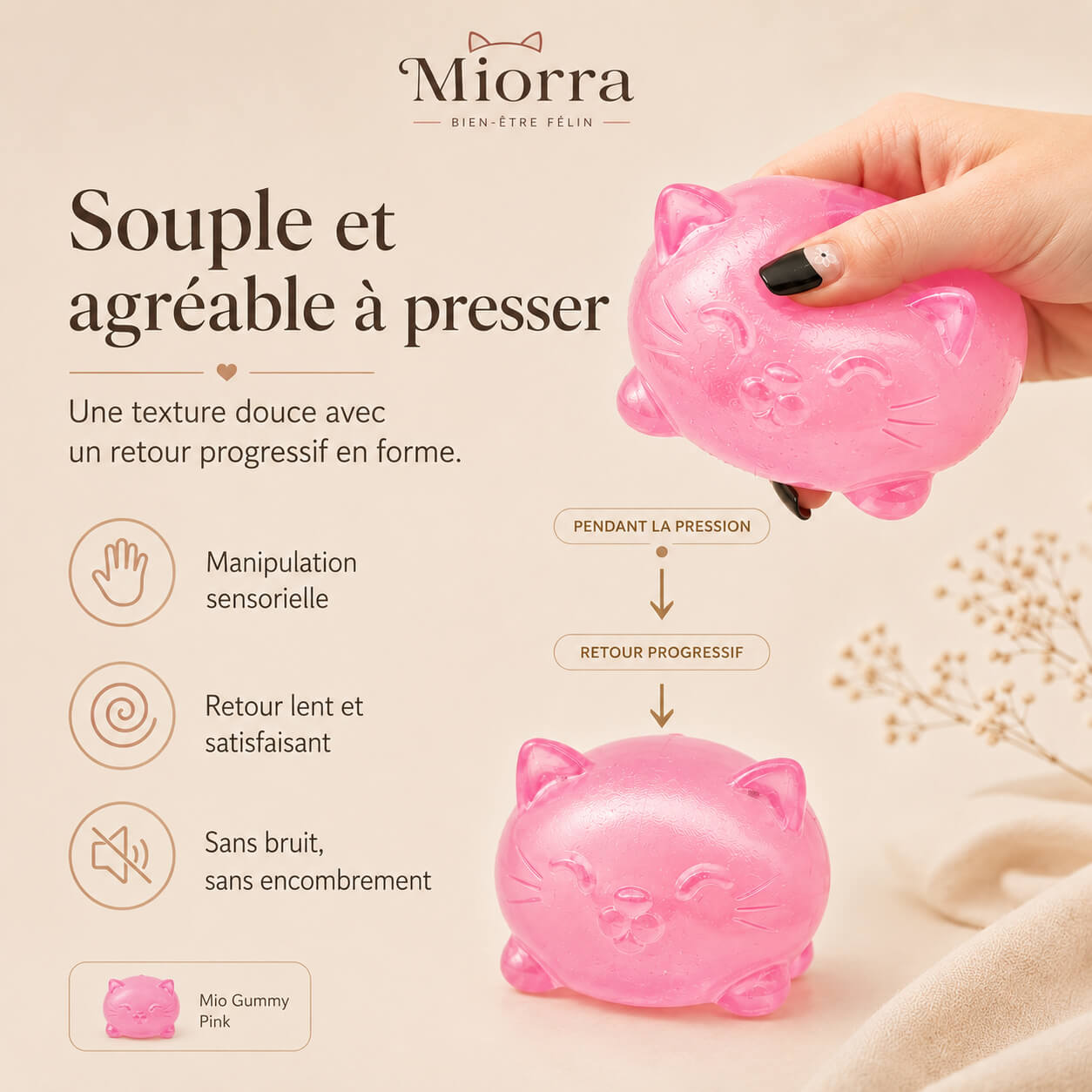 Mio Gummy Miorra - squishy chat sensoriel souple en 4 couleurs, idéal pour une pause détente