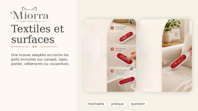 Textiles et surfaces brosses Miorra - r&eacute;utilisable en 3 &eacute;tapes, rincez et r&eacute;utilisez, retire poils sur canap&eacute; v&ecirc;tements coussins