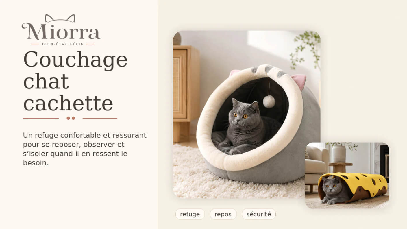 Couchage chat cachette Miorra - refuge confortable et rassurant pour se reposer, observer et s'isoler