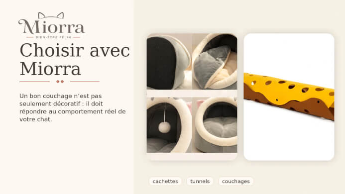 Choisir avec Miorra - cachettes, tunnels et couchages pens&eacute;s pour le comportement r&eacute;el de votre chat