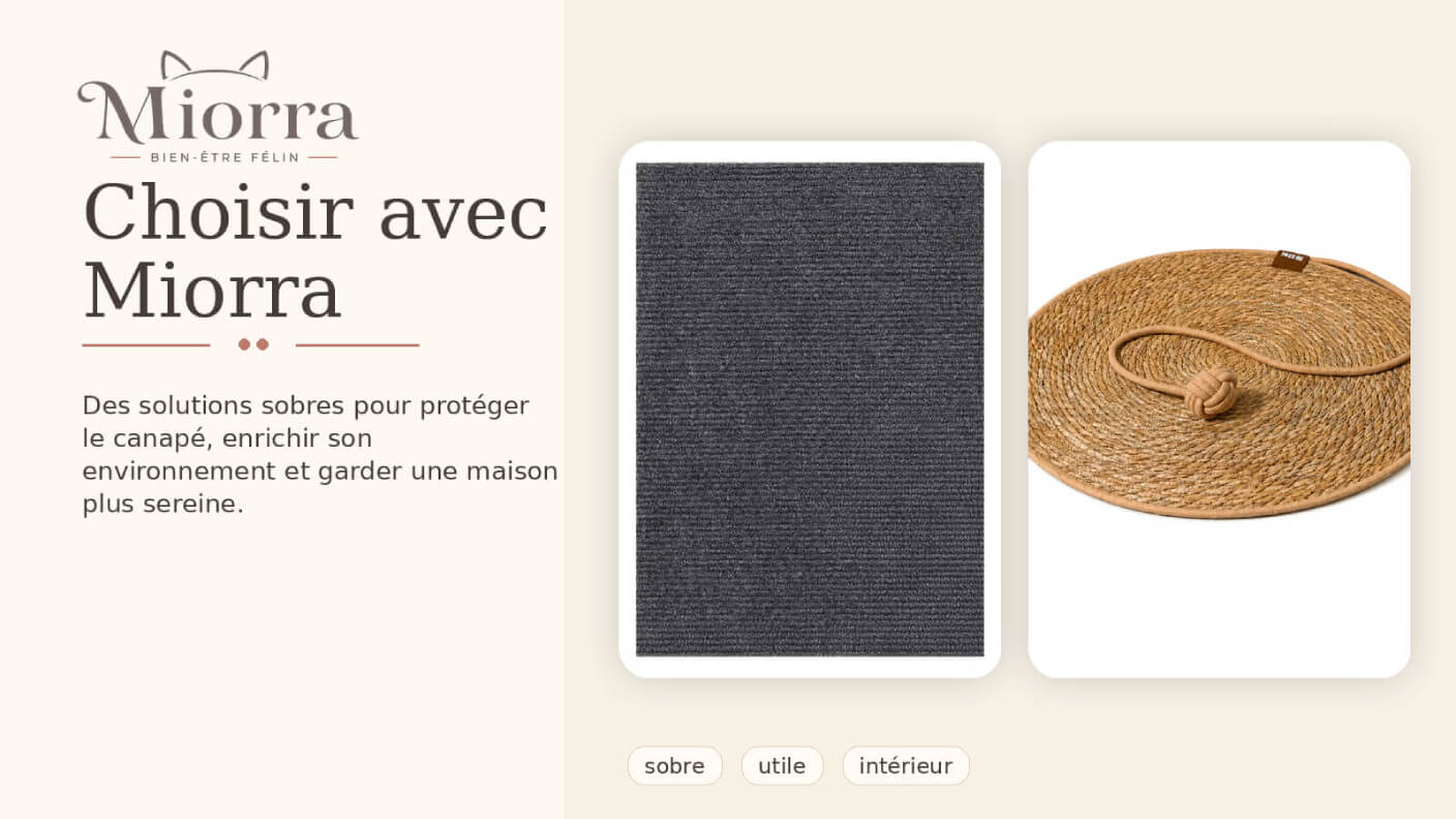 Griffoir chat canap&eacute; Miorra - protection textile et tapis naturel pour prot&eacute;ger votre mobilier et respecter l'instinct de griffade