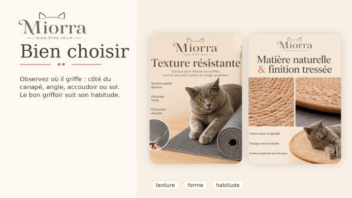 Bien choisir griffoir canap&eacute; - texture r&eacute;sistante d&eacute;coupable et mati&egrave;re naturelle tress&eacute;e selon les habitudes du chat