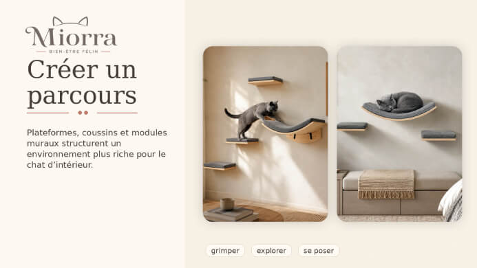 Cr&eacute;er un parcours mural - plateformes, coussins et modules structurent un environnement plus riche pour le chat