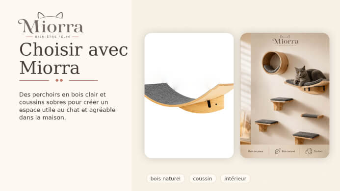 Choisir avec Miorra - perchoirs en bois clair et coussins sobres pour un espace utile au chat et agr&eacute;able dans la maison