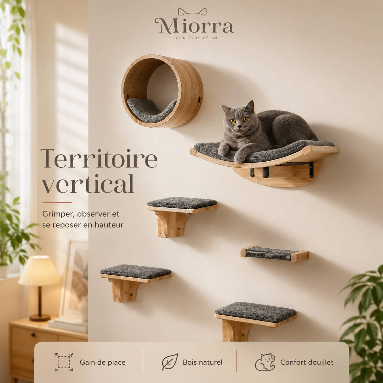 Perchoir mural en kit pour chat Miorra - territoire vertical, gain de place, bois naturel, confort douillet