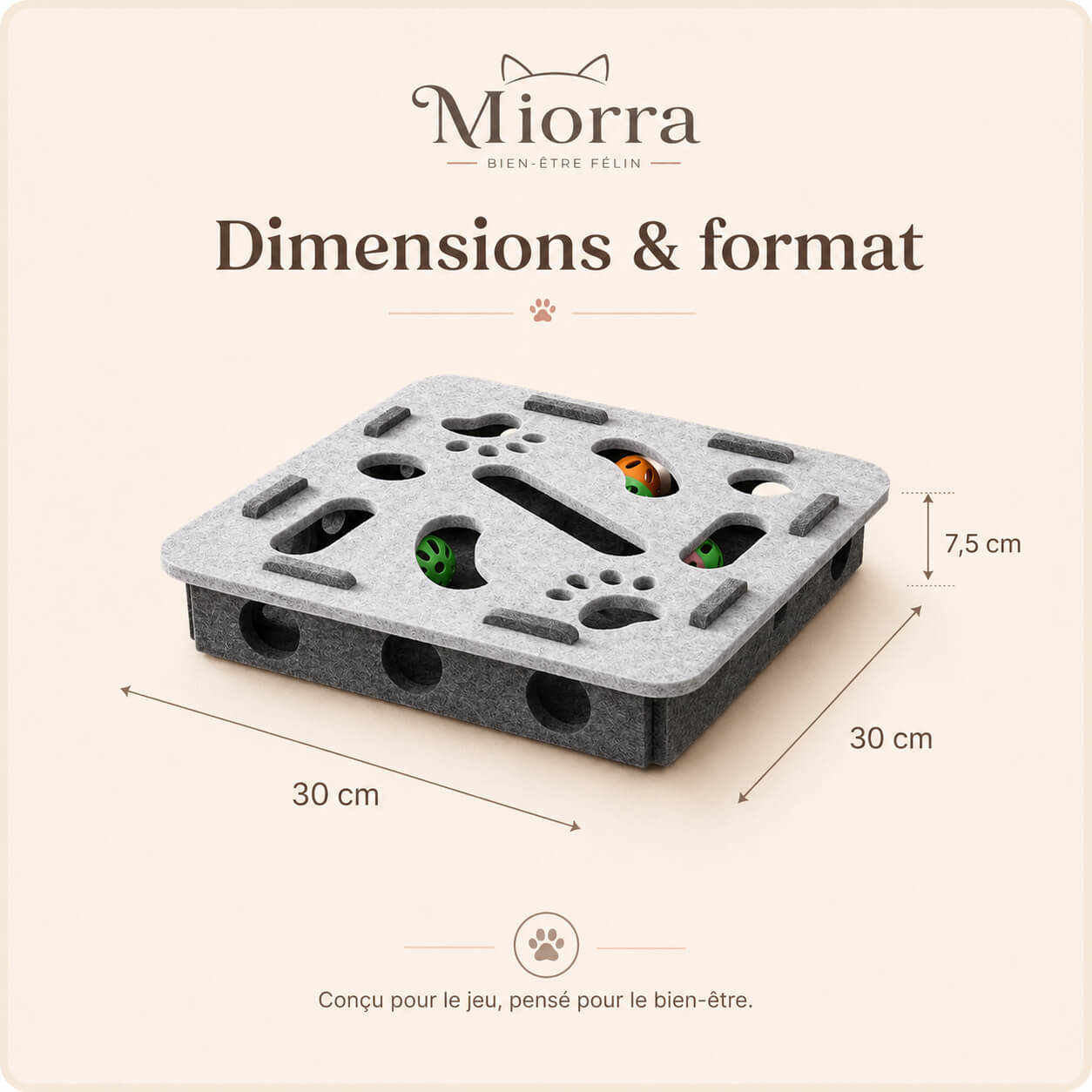 Dimensions jouet puzzle Miorra : 30 × 30 × 7,5 cm, format compact conçu pour le jeu