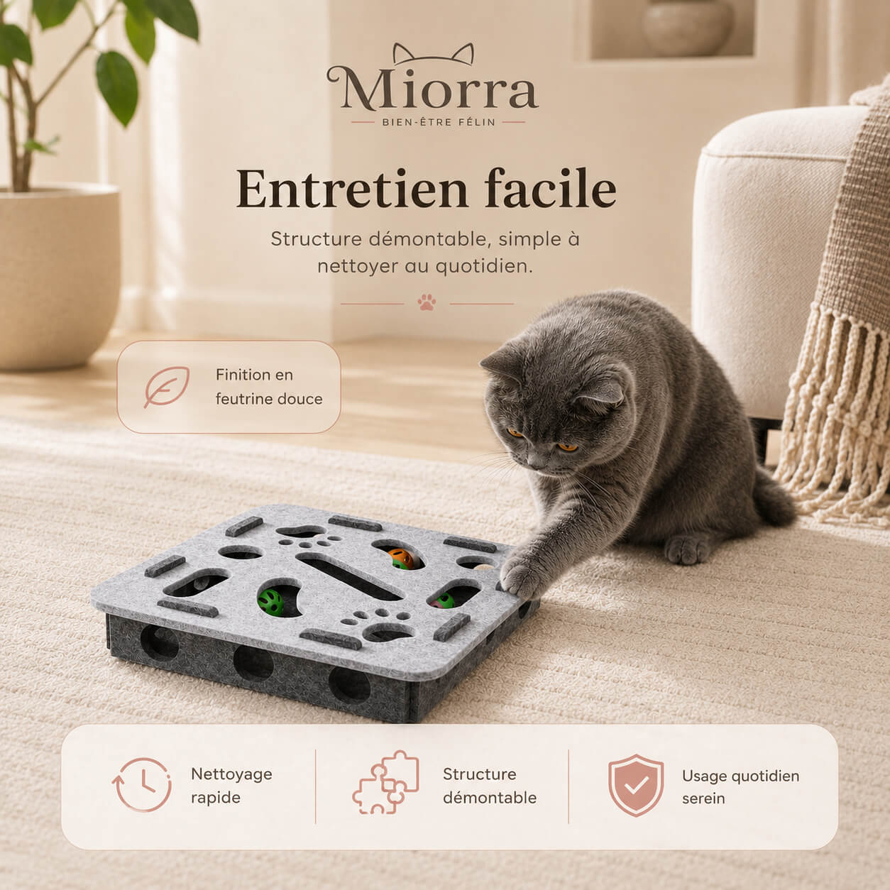 Entretien puzzle Miorra : structure démontable, finition feutrine douce, nettoyage rapide, usage quotidien serein