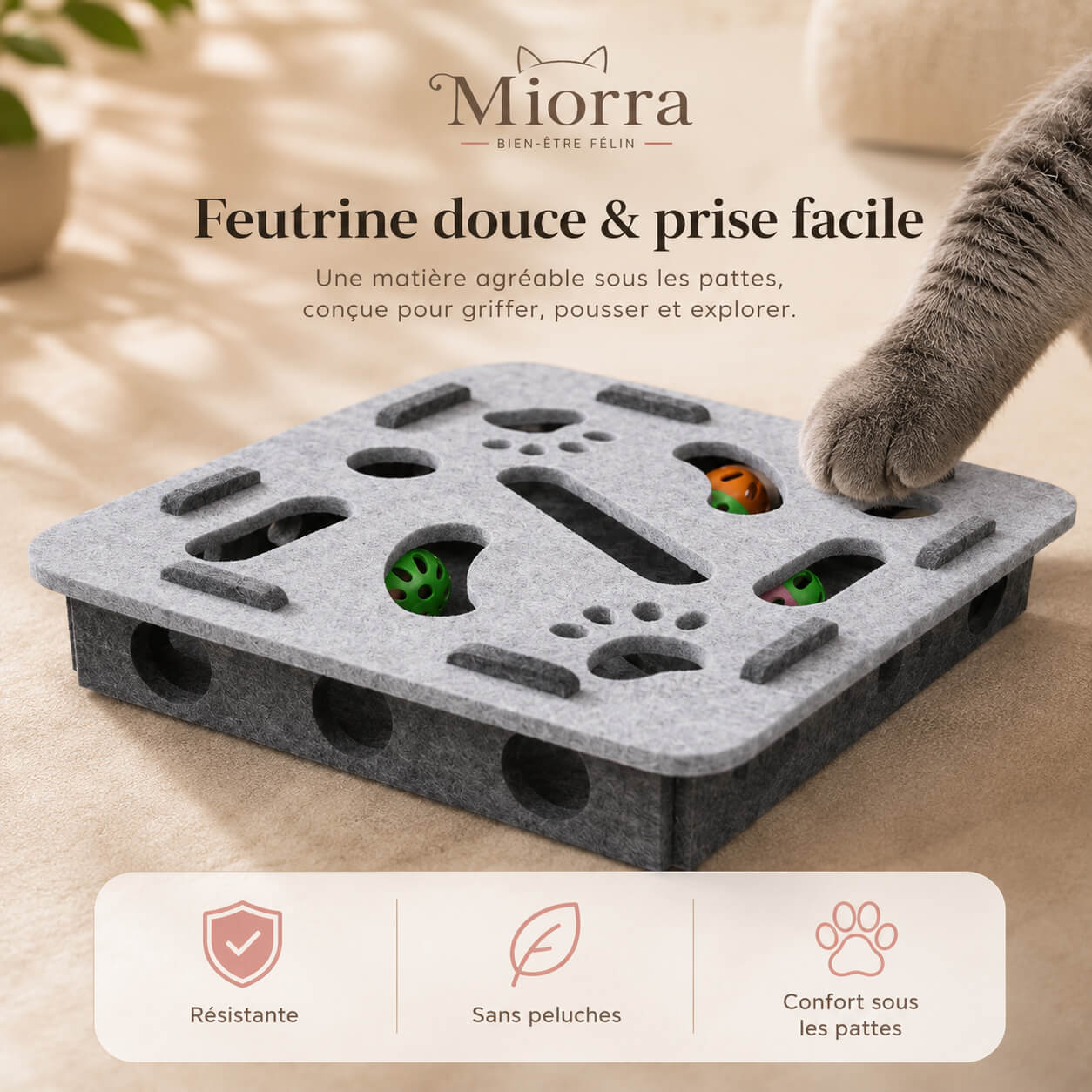Feutrine douce et prise facile puzzle Miorra - résistante, sans peluches, confort sous les pattes