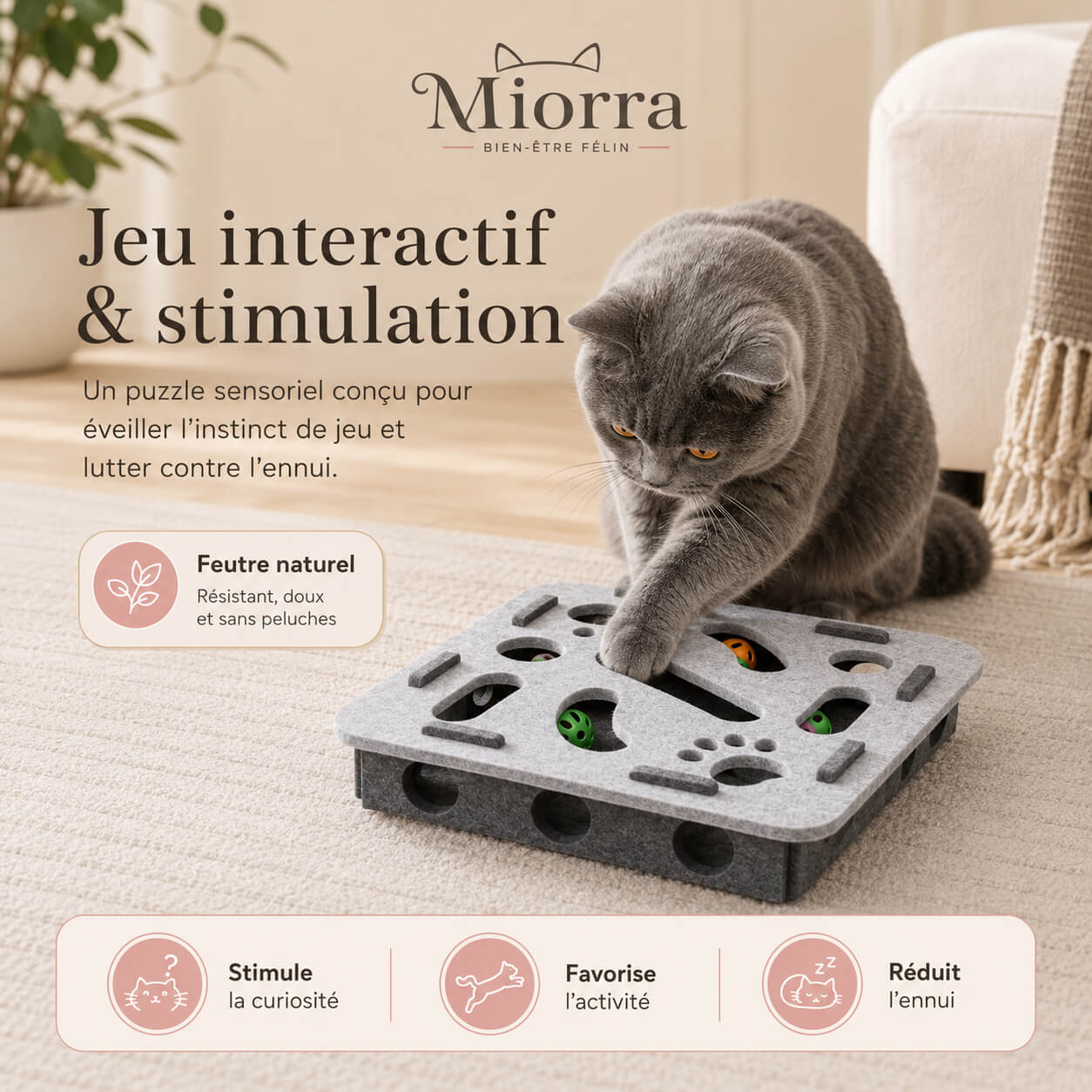 Jouet puzzle interactif pour chat Miorra - feutre naturel, stimule la curiosité, favorise l'activité, réduit l'ennui