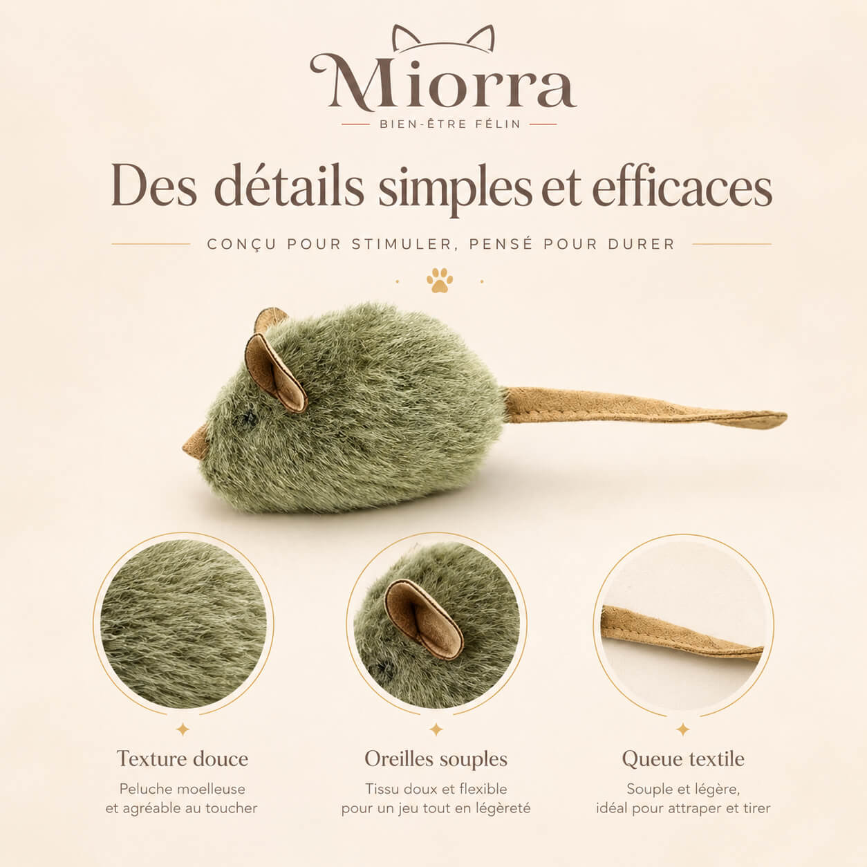 Détails souris Miorra : texture douce peluche moelleuse, oreilles souples tissu flexible, queue textile légère