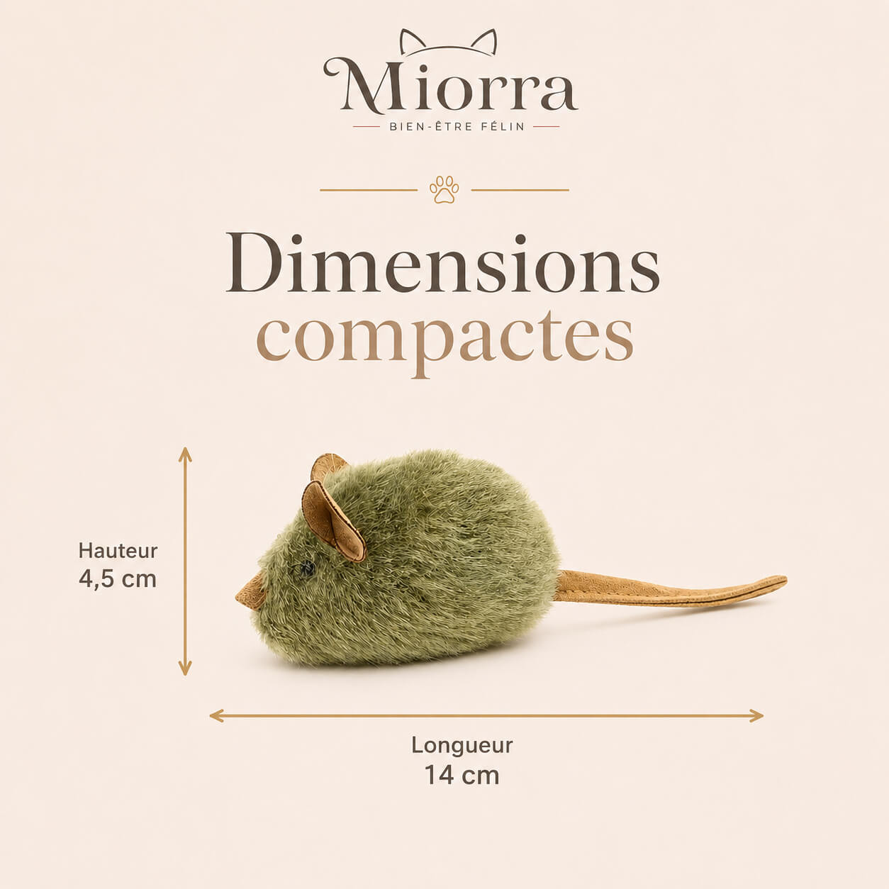 Dimensions souris sonore Miorra : longueur 14 cm, hauteur 4,5 cm - format compact et réaliste