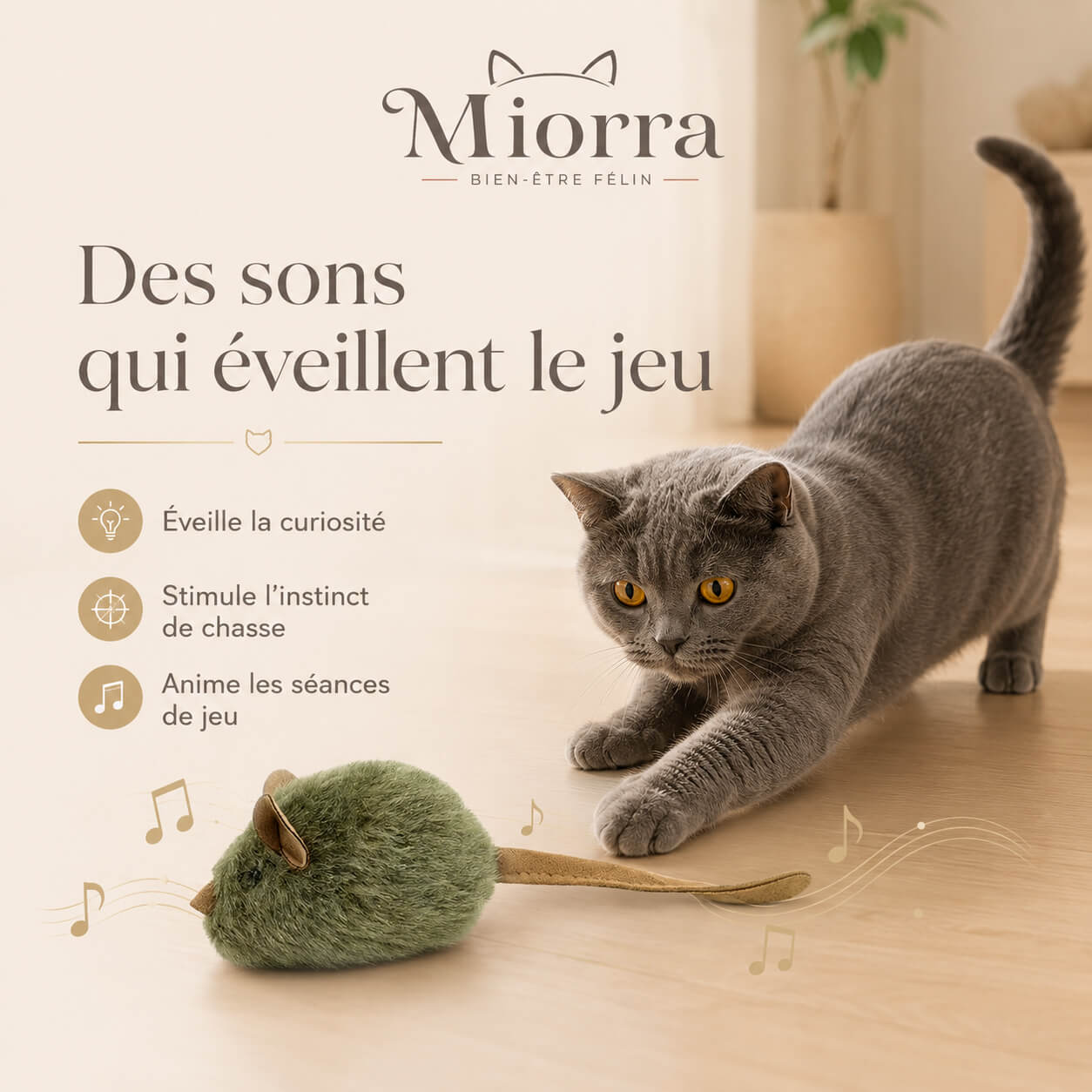 Souris sonore Miorra - des sons qui éveillent le jeu : curiosité, instinct de chasse, séances de jeu animées