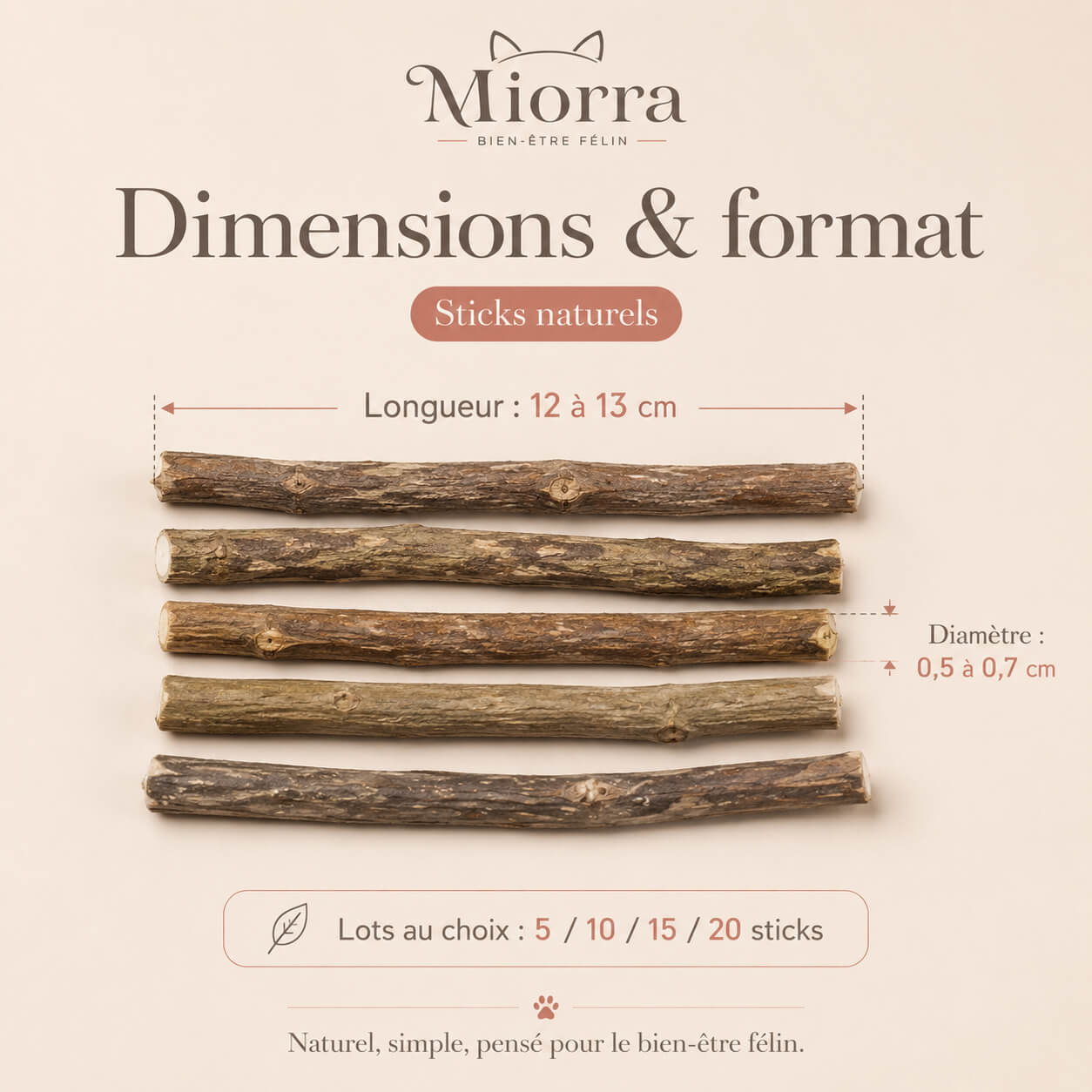 Dimensions sticks naturels Miorra : longueur 12–13 cm, diamètre 0,5–0,7 cm, lots 5/10/15/20 sticks