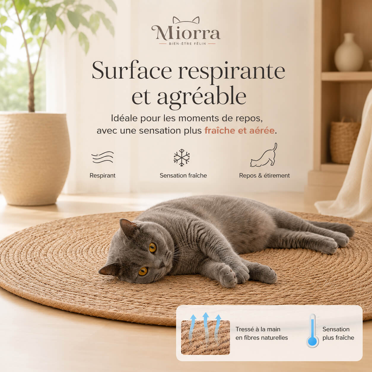 Surface respirante tapis griffoir Miorra - tressé à la main en fibres naturelles, sensation fraîche, repos et étirement
