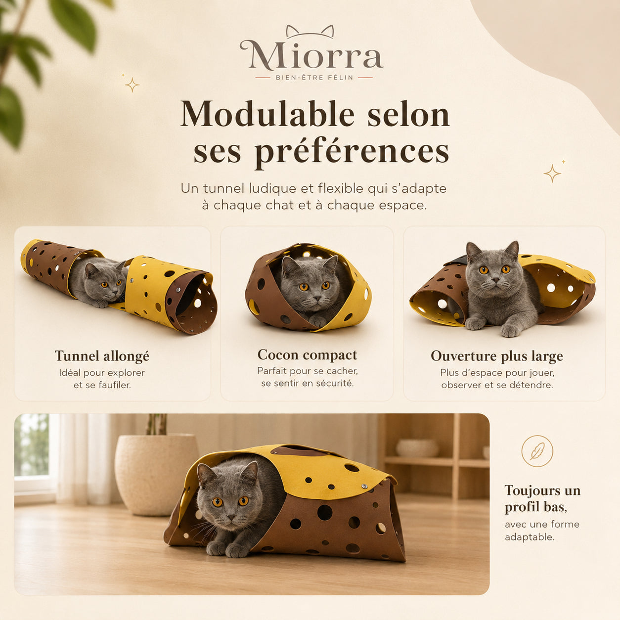 Tunnel pour chat Miorra modulable - 3 configurations : tunnel allongé, cocon compact, ouverture plus large